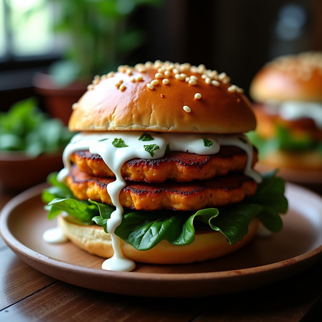 Hamburguesa gourmet con pan morado vibrante de batata, rellena de espinacas frescas y queso halloumi dorado, servida en plato rústico con hojas de menta y semillas de sésamo. Receta en airfryer sin gluten y alta en proteína.