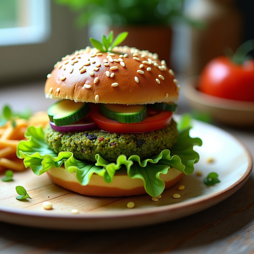 Hamburguesa crudivegana alta en hierro con pan de calabacín deshidratado, rellena de espirulina y quinoa, acompañada de aguacate, tomate y lechuga romana sobre fondo rústico de madera.