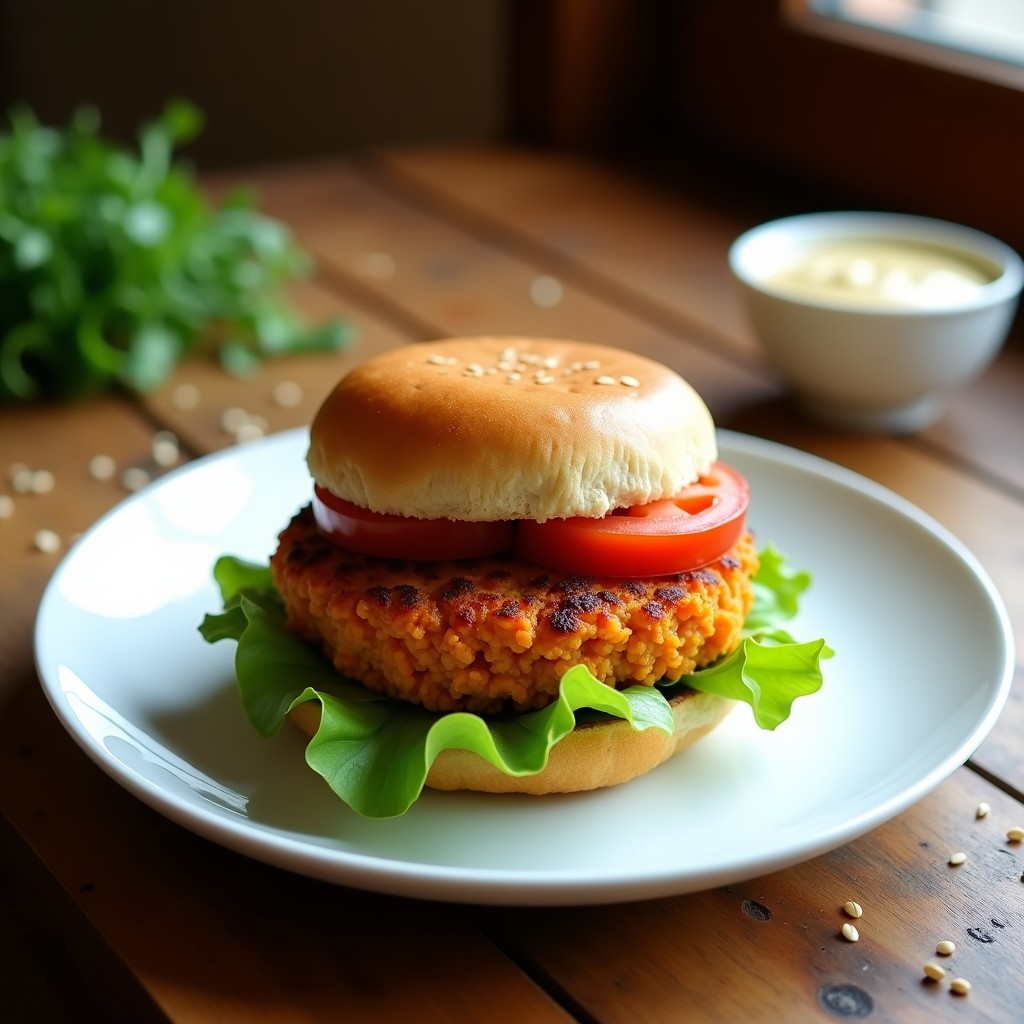 Hamburguesa vegana y sin gluten de garbanzos y zanahoria sobre pan de lentejas dorado, servida en plato rústico con lechuga morada y rodajas de tomate, cocinada en Airfryer.
