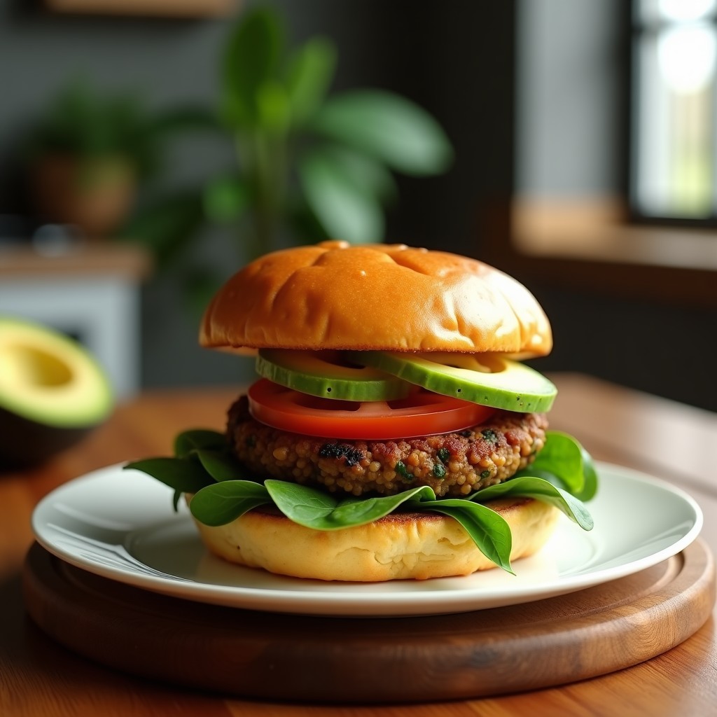 Hamburguesa vegana en airfryer con patty de Hongos Portobello y lentejas, pan de batata dorado, lechuga, tomate, aguacate y mostaza de Dijon. Plato gourmet, alta en proteína y sin gluten, servido en tabla de madera rústica.