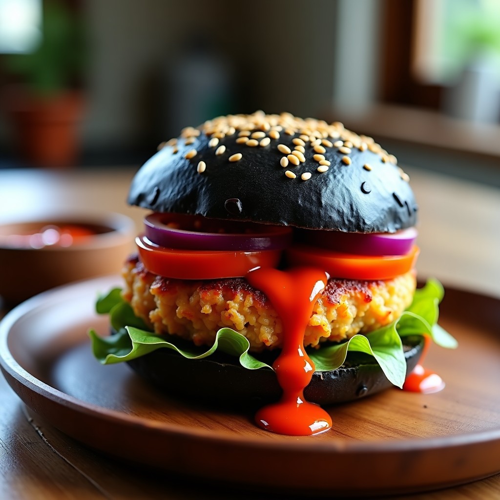 Hamburguesa vegana coreana con base de jackfruit y kimchi, dorada y crujiente, servida en pan negro sin gluten con lechuga morada, tomate y salsa roja picante de gochujang. Acompañada de semillas de sésamo negro y fondo de cocina moderna.