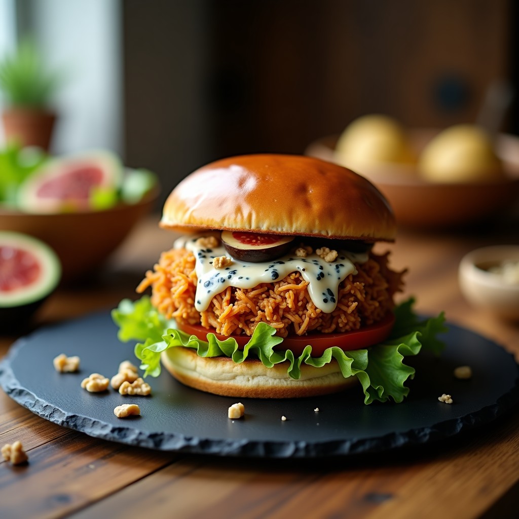 Hamburguesa gourmet vegana con base de jackfruit ahumado dorado en airfryer, queso azul cremoso de anacardos, lechuga morada, cebolla en juliana y salsa brillante de higos sobre pan vegano tostado, servida en plato de madera rústico.