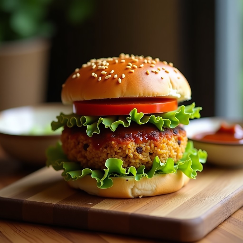 Hamburguesa vegana de jackfruit y quinoa con salsa barbacoa casera, servida en pan integral con lechuga, tomate y aguacate, cocinada en airfryer hasta quedar dorada y crujiente.