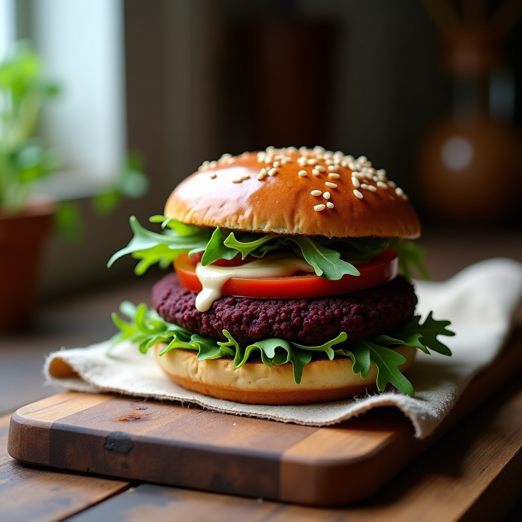 Hamburguesa vegana gourmet de lentejas beluga y remolacha con pan de centeno, servida con rúcula y tomate, sobre tabla de madera rústica. Receta rápida y saludable.