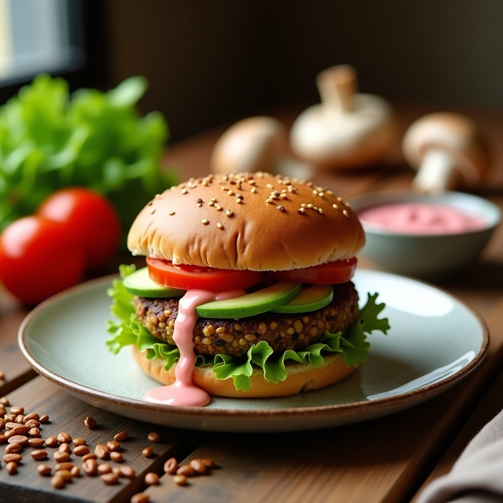 Hamburguesa vegana de lentejas y champiñones servida en pan integral sin gluten, acompañada de aguacate, lechuga y tomate, con un toque de salsa rosa.