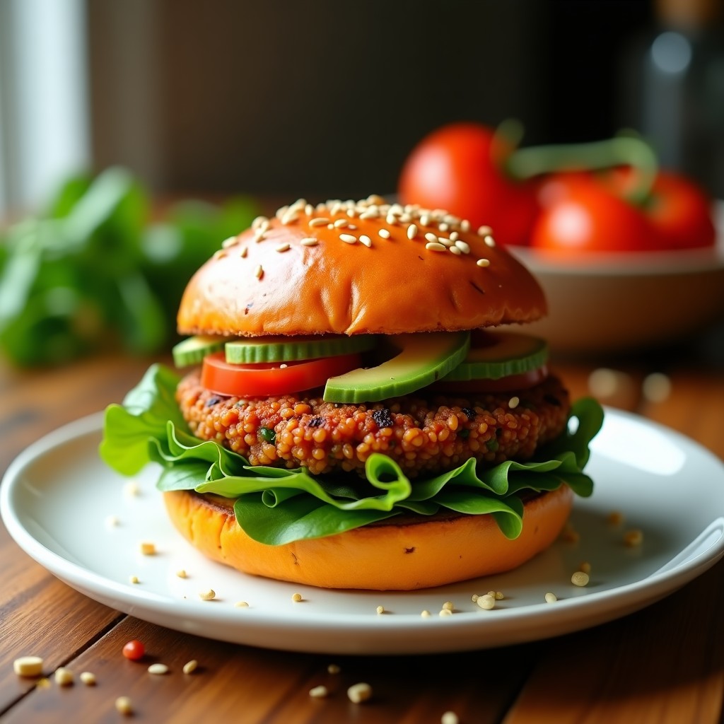 Hamburguesa vegana sin gluten con pan de batata dorado, rellena de lentejas Corail y espinacas, acompañada de aguacate, tomate y semillas de sésamo, servida en un plato blanco rústico.
