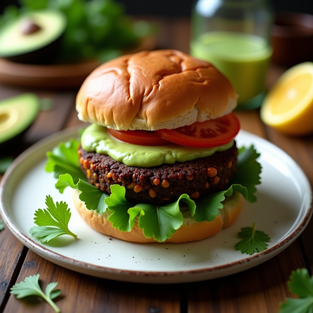 Hamburguesa vegana de lentejas negras y batata con salsa de aguacate, servida en pan sin gluten con hojas de lechuga y rodajas de tomate. Plato colorido y saludable, ideal para recetas sin gluten y altas en fibra.