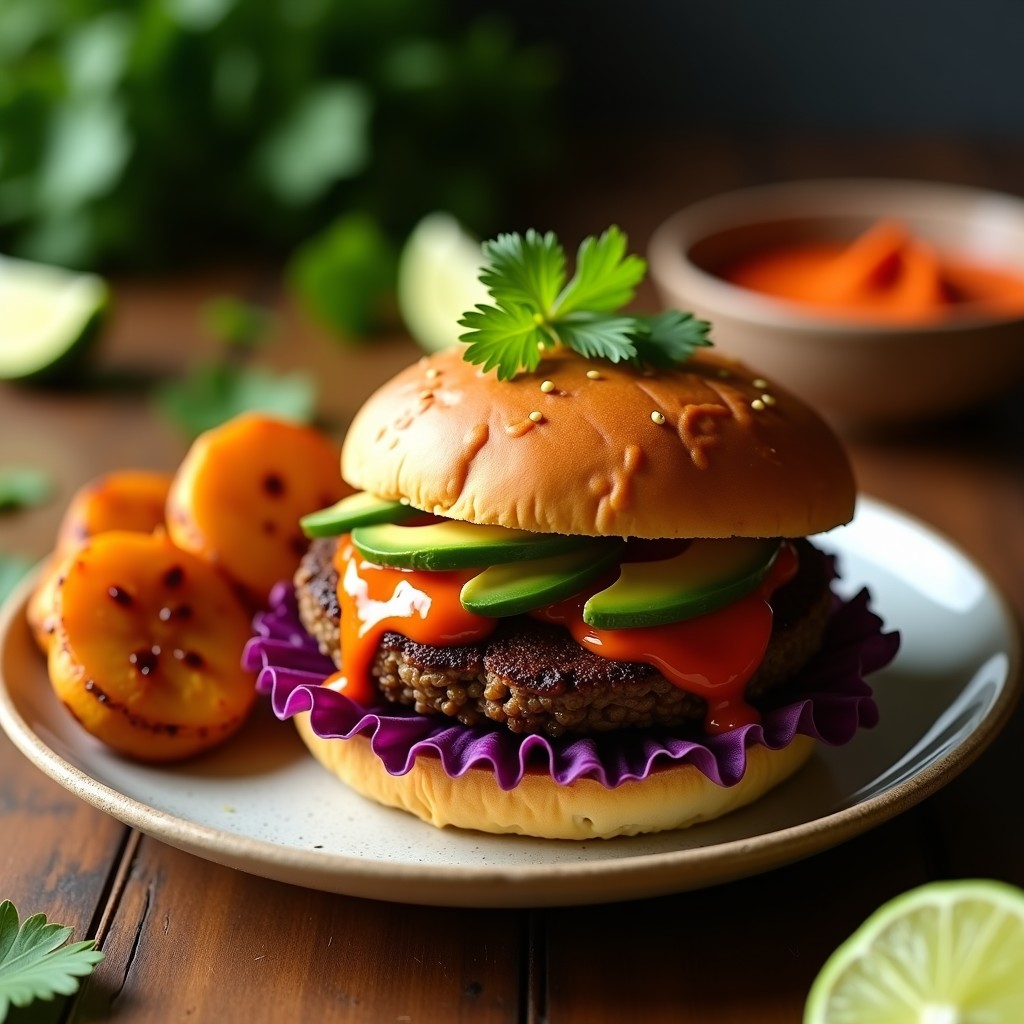 Hamburguesa de lentejas negras y ñame con salsa de achiote en airfryer, servida sobre hojas de lechuga con un chorrito de salsa roja vibrante, acompañada de rodajas de plátano maduro. Plato colorido y apetecible con toques antillanos.
