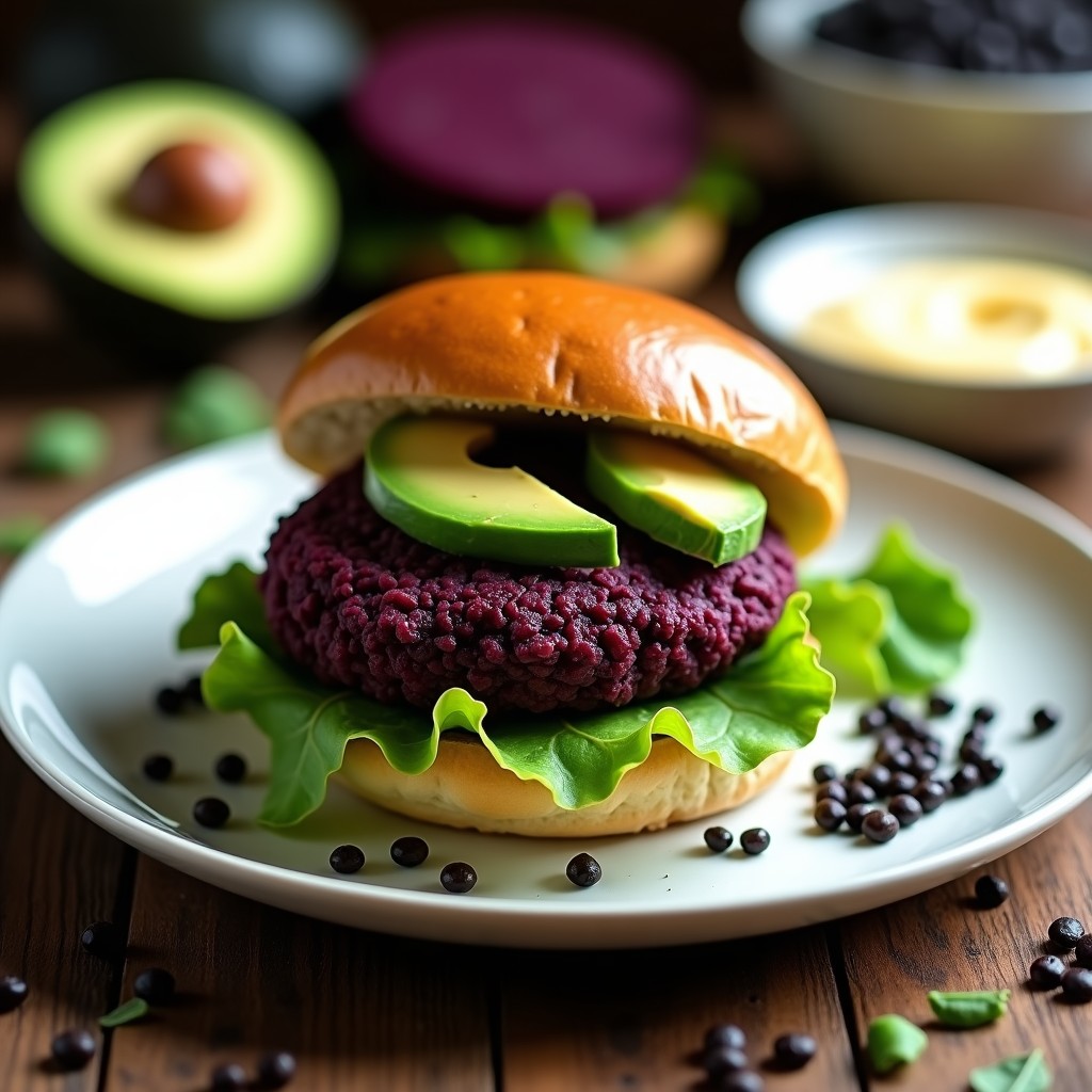 Hamburguesa vegana de lentejas negras y ñame morado en Thermomix, dorada y jugosa, servida sobre platos blancos con ensalada fresca y semillas de sésamo tostadas. Receta sin gluten y alta en proteína.