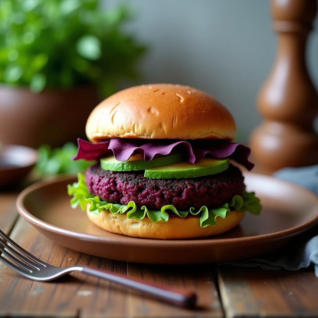 Hamburguesa keto de lentejas negras y remolacha con pan de yuca dorado, servida en plato blanco con hojas de espinaca y rodajas de aguacate, fondo rústico de madera.
