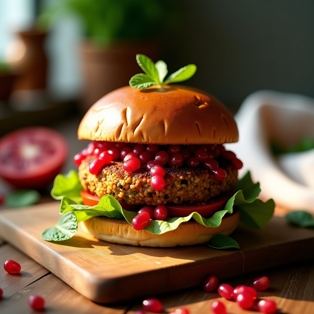 Hamburguesa vegana de lentejas rojas y berenjena en pan sin gluten, con salsa de granado rosada y hojas de lechuga fresca. Plato servido en tabla de madera con tomates en rodajas y granos de granado esparcidos alrededor.