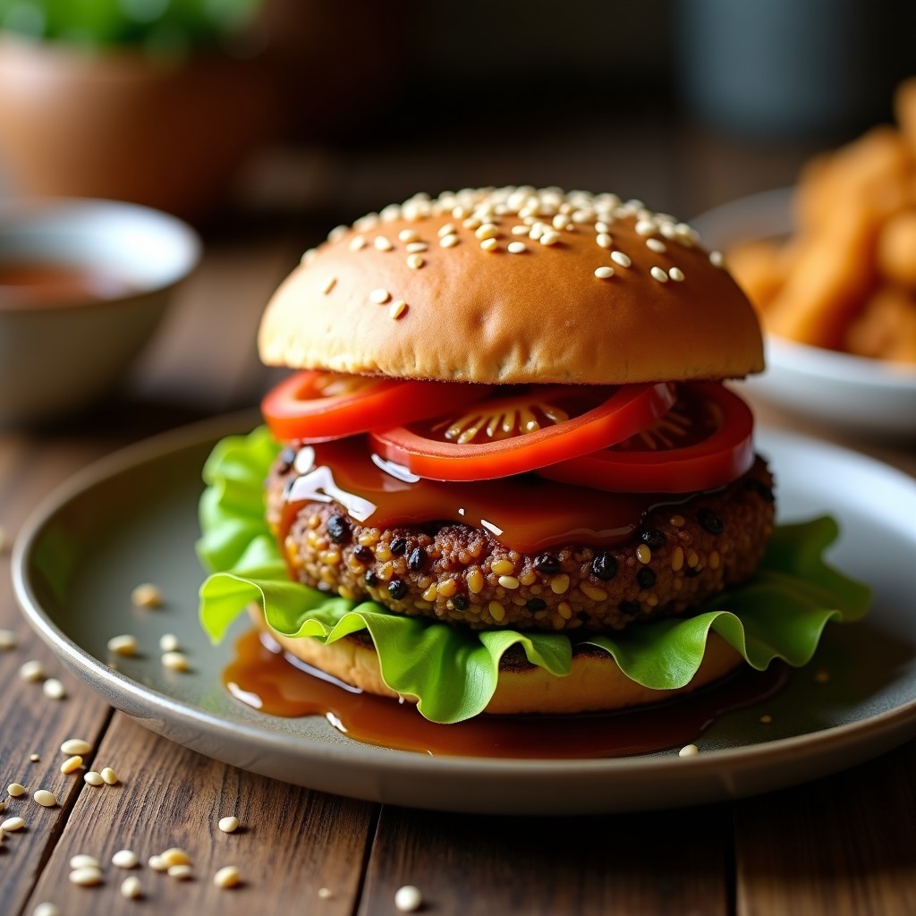 Hamburguesa vegana de lentejas y shitake dorada por fuera, jugosa por dentro, servida en pan integral tostado con hojas de lechuga, rodajas de tomate y salsa teriyaki brillante, receta umami rápida.