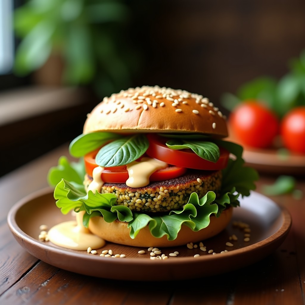 Hamburguesa vegana de quinoa y espinacas con salsa de tahini, alta en hierro, servida en plato blanco con ensalada verde y salsa cremosa, receta saludable y nutritiva.