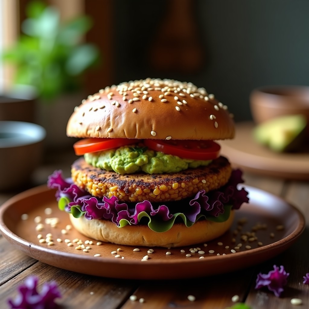 Hamburguesa vegana de shiitake y arroz salvaje con pan de trigo sarraceno, lechuga morada, tomate y aguacate cremoso, servida en plato de madera rústico con fondo borroso.