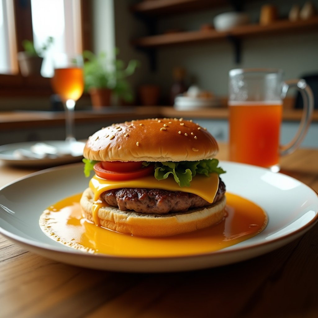 Hamburguesa smash con queso cheddar y cebolla caramelizada, lista para ser servida, con una corteza crujiente y un sabor intenso