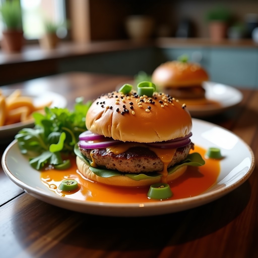 Hamburguesa vegana de lentejas y remolacha dorada y crujiente, servida en pan integral con aguacate y lechuga, receta en airfryer.