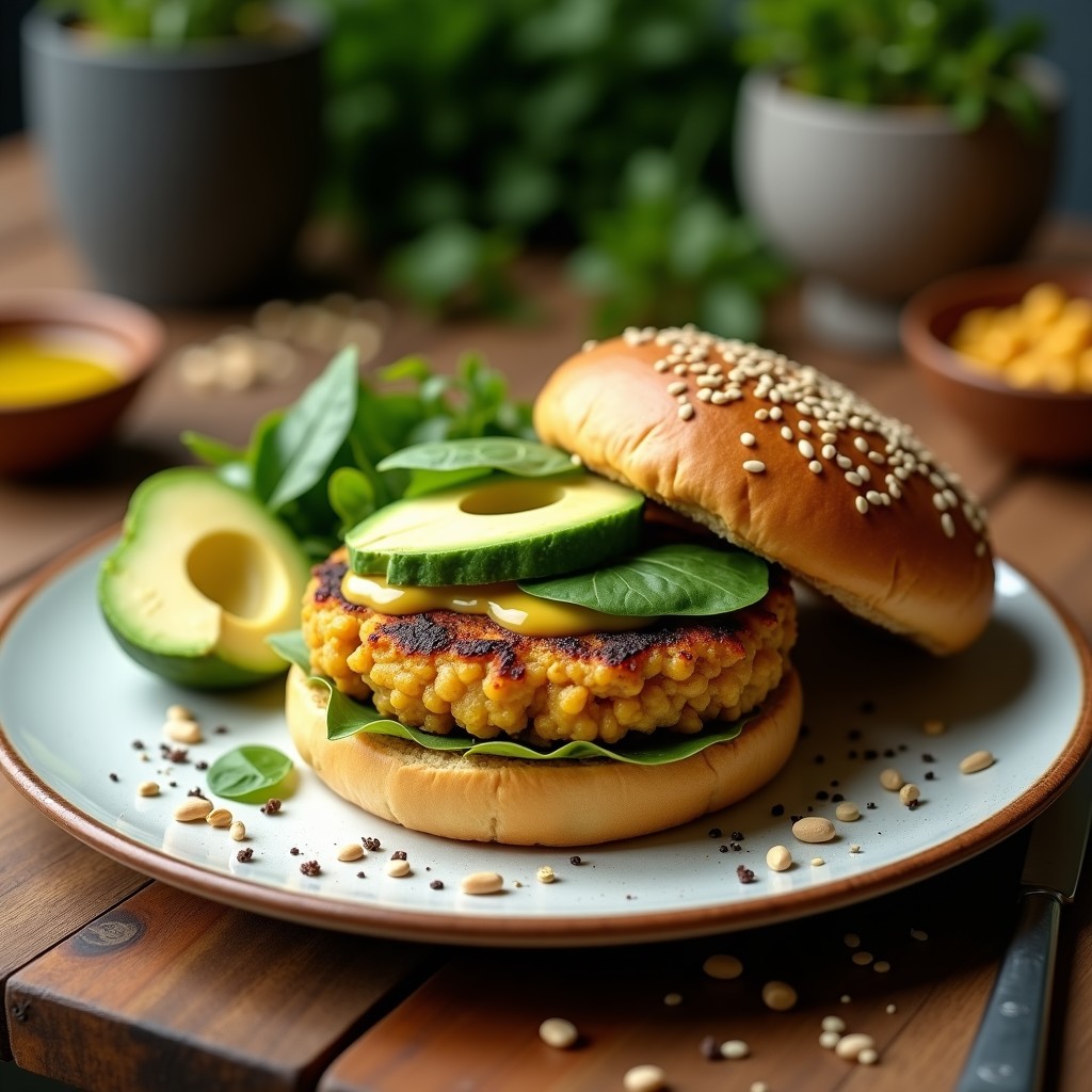 Hamburguesas doradas de alcachofa y garbanzos servidas en pan crujiente de semillas de chía, con un toque de perejil fresco y aceite de oliva, receta vegana sin gluten.