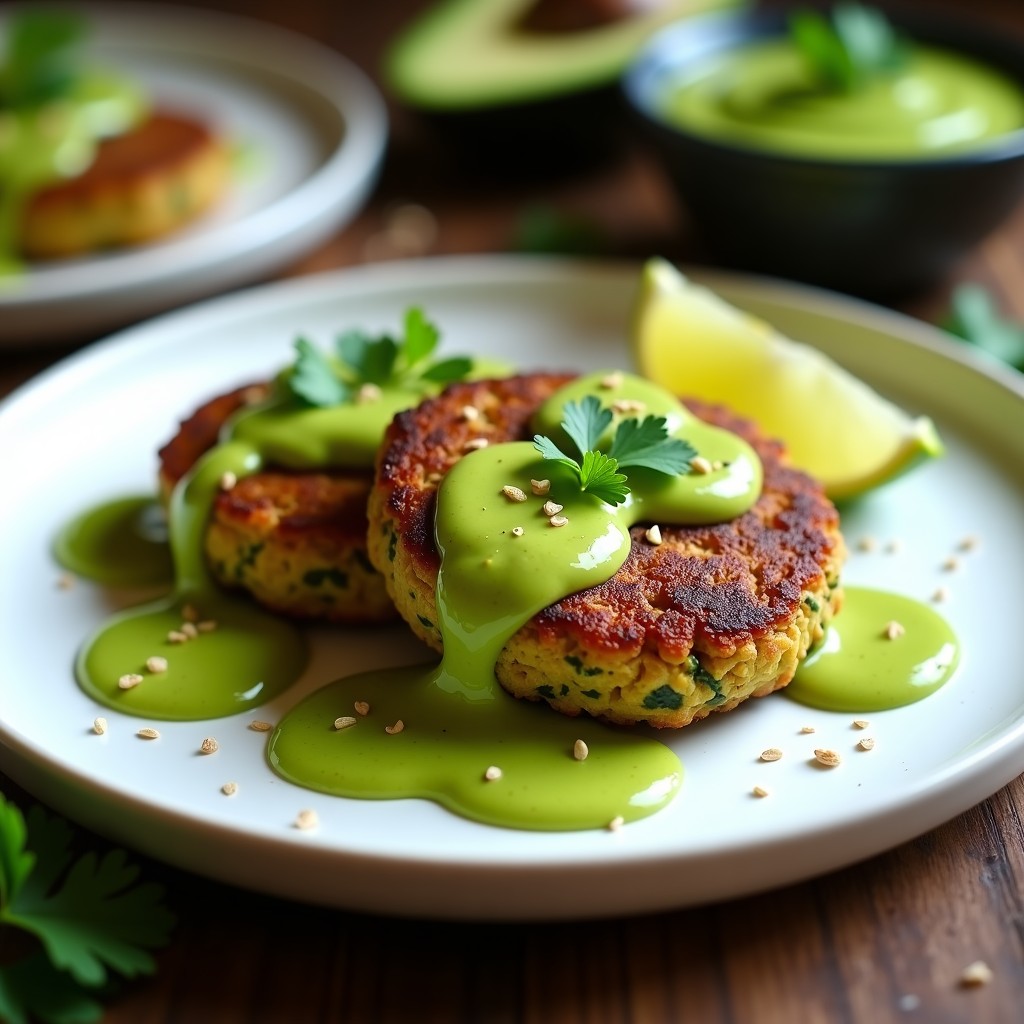 Hamburguesas doradas de almendra y espinacas keto sobre bandeja de madera, con salsa verde cremosa de aguacate y lima. Acompañadas de brotes frescos y rodajas de lima.