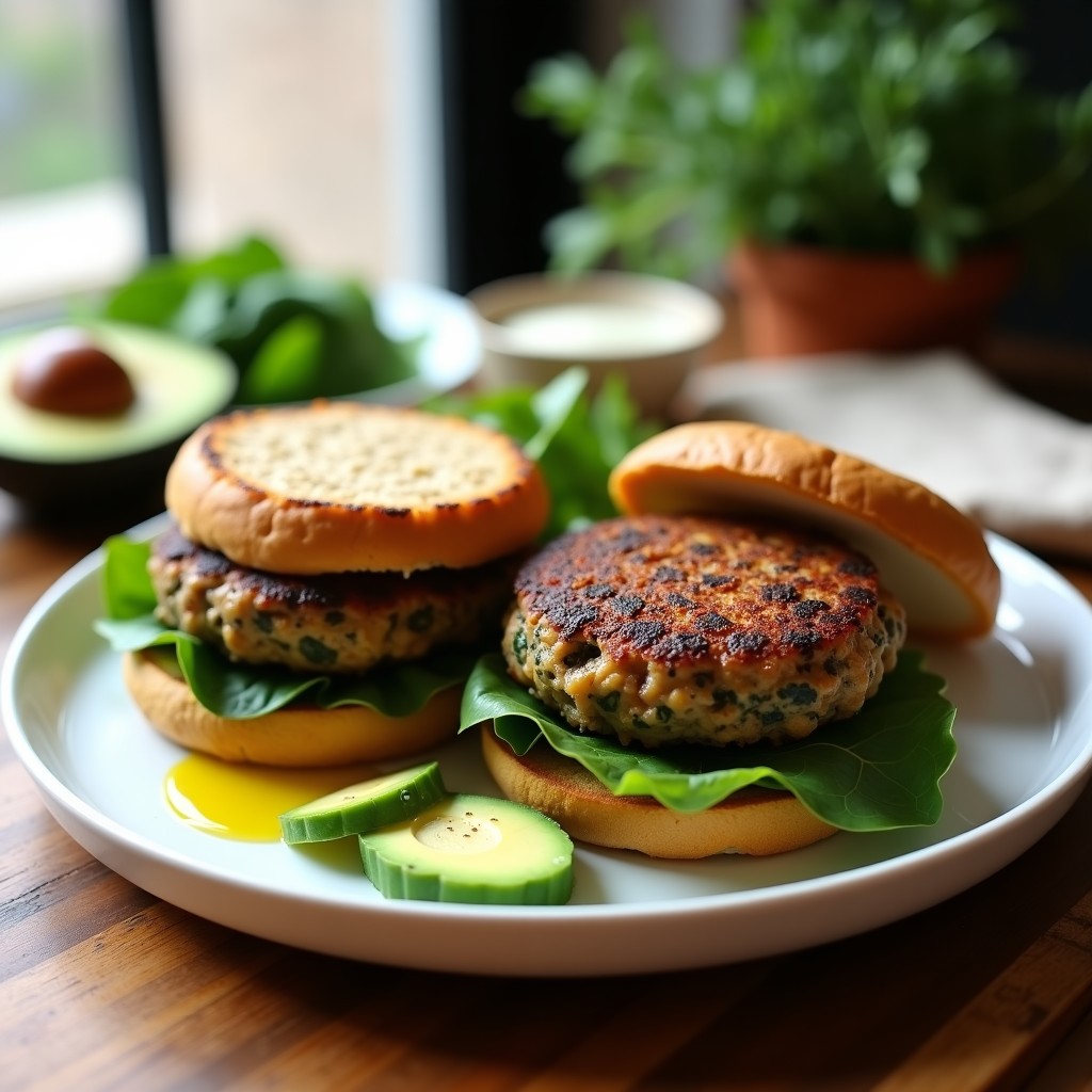 Hamburguesas keto de almendra y espinacas con pan de avena dorado, servidas en plato blanco con ensalada verde y aguacate. Receta alta en grasas saludables.