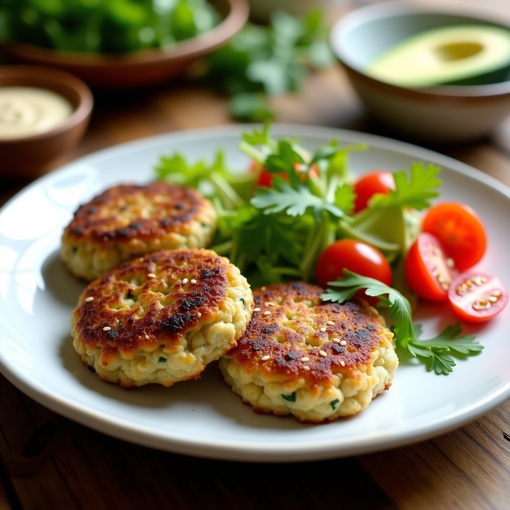 Hamburguesas doradas y crujientes de avena y calabacín en Airfryer, servidas sobre un plato blanco con ensalada fresca y salsa de yogur vegano al lado.