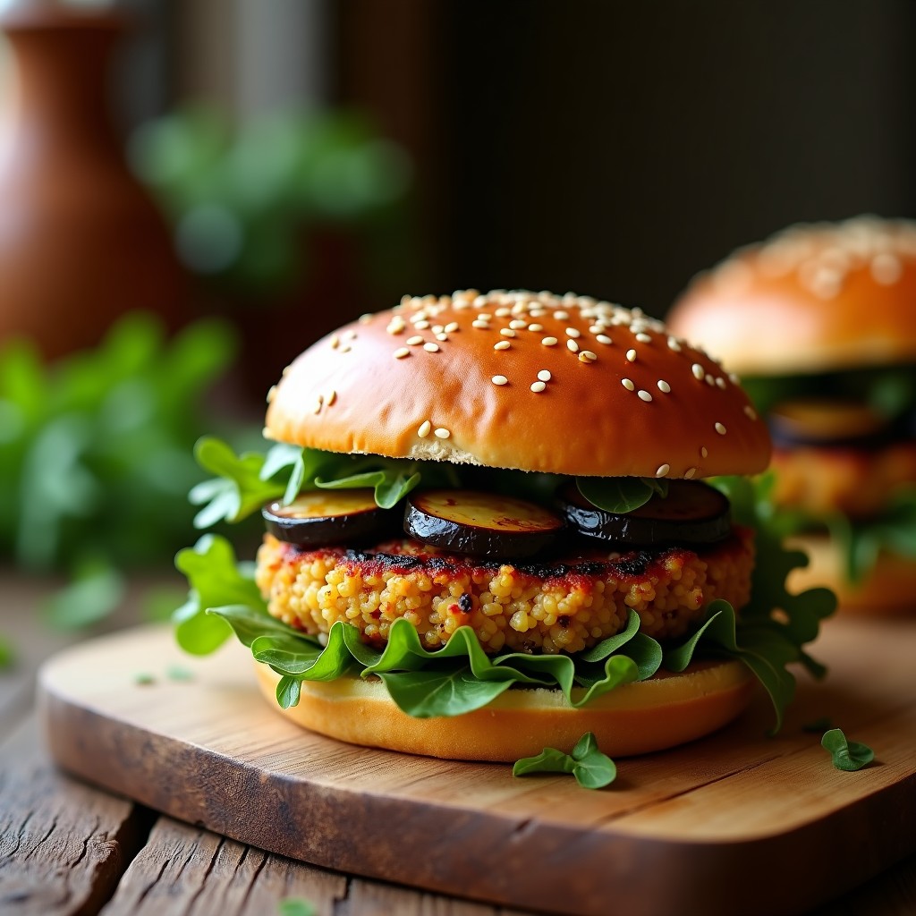 Hamburguesa vegana con pan de quinoa dorado, rellena de hamburguesa de berenjena asada y garbanzos, acompañada de rodajas de berenjena asada y hojas verdes sobre tabla de madera rústica.
