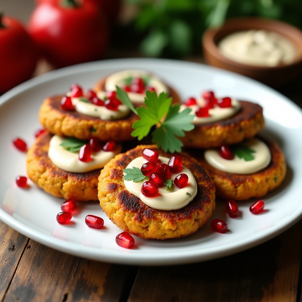 Hamburguesas doradas de berenjena y lentejas en airfryer, servidas sobre un plato blanco con salsa de tahini cremosa y semillas de granada rojas esparcidas. Acompañadas de hojas de menta fresca y rodajas de limón.