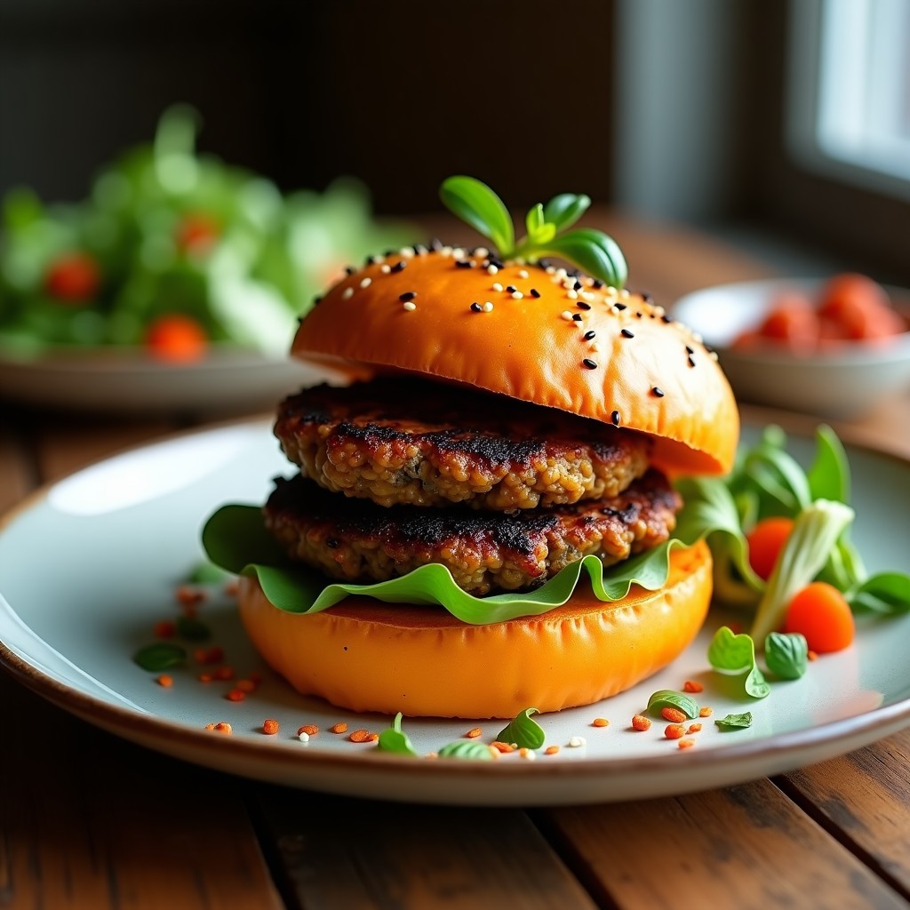 Hamburguesa vegana en pan de batata con base de lentejas y berenjena, servida en plato blanco con espinacas frescas y salsa de yogur. Receta de hamburguesas de berenjena y lentejas con pan de batata en olla express.
