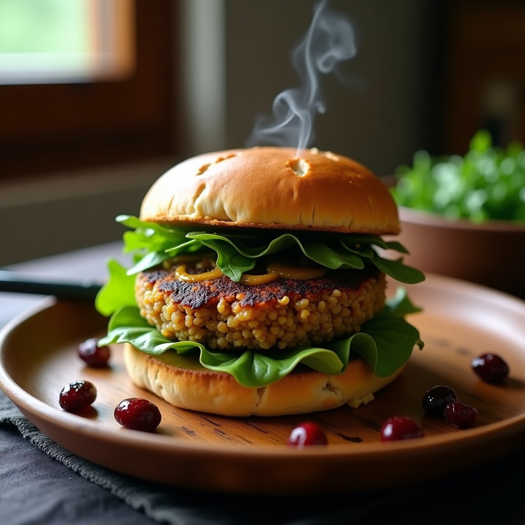 Hamburguesa vegana de caoba y quinoa con pan de centeno tostado, hojas de rúcula, salsa de mostaza y arándanos, servida en un plato de madera con fondo de bosque difuminado.