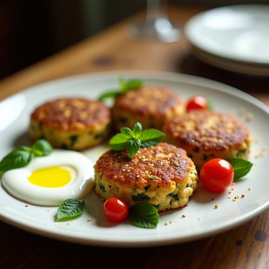 Hamburguesas doradas de garbanzos y espinacas en airfryer, con textura crujiente por fuera y tierna por dentro, servidas en un plato blanco con salsa de yogur y hierbas frescas.