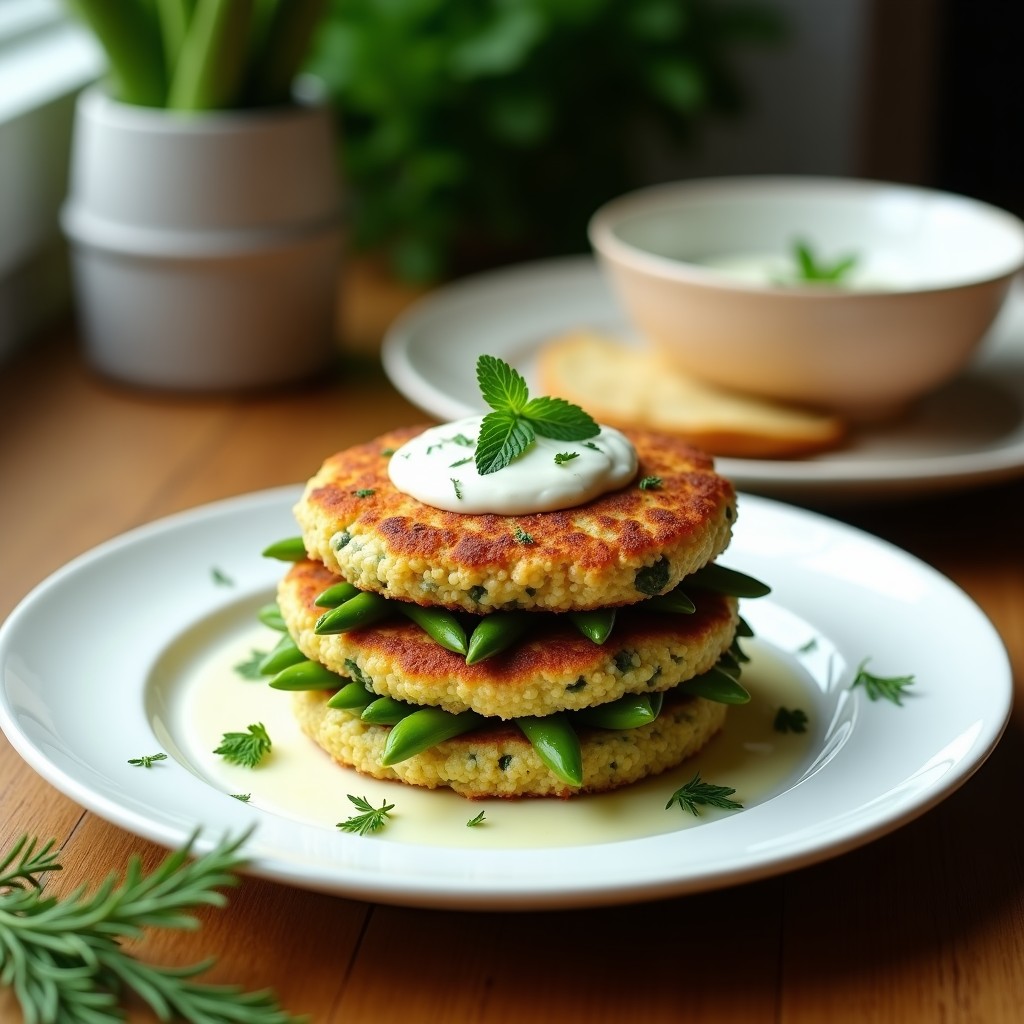 Hamburguesas de espárragos y quinoa doradas al horno, apiladas con salsa de yogur de soja cremosa y hierbas frescas, servidas sobre un plato blanco con fondo rústico de madera.
