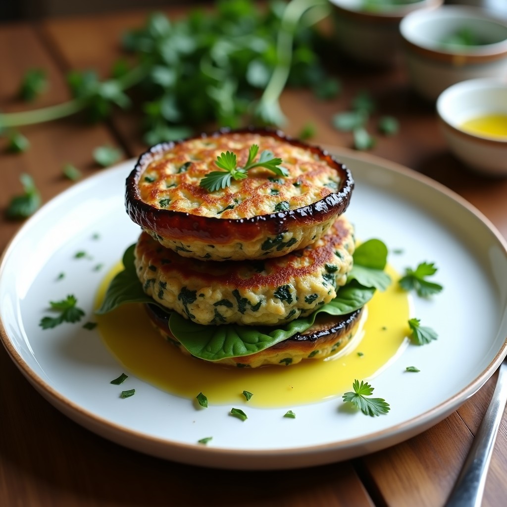 Hamburguesa keto con pan de berenjena dorado, rellena de espinacas frescas y queso feta desmenuzado, servida en plato blanco con ensalada verde y aceite de oliva.