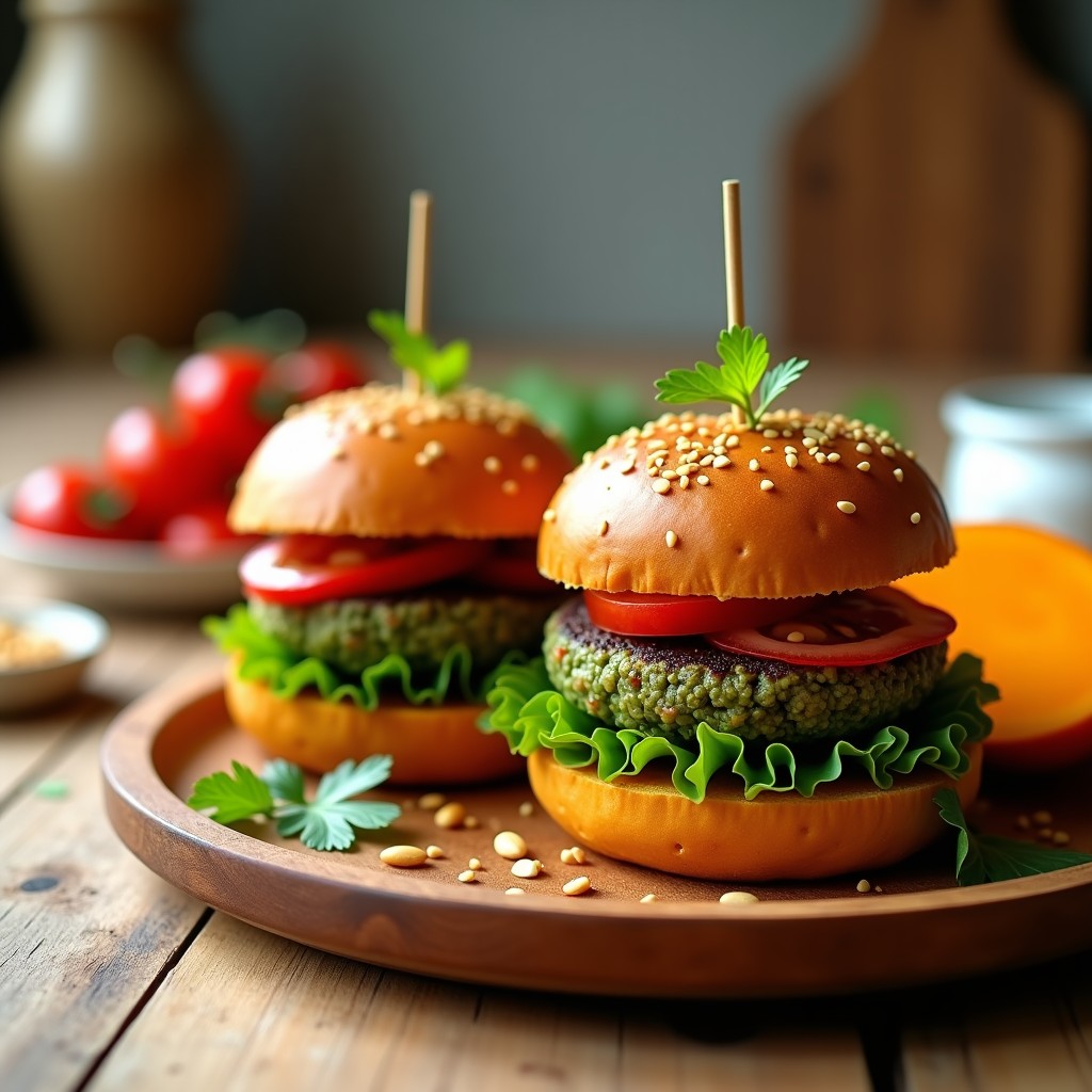 Hamburguesas crudiveganas de espirulina y almendras con pan de calabaza deshidratado, servidas en un plato de madera con vegetales frescos y hierbas verdes, receta alta en hierro.