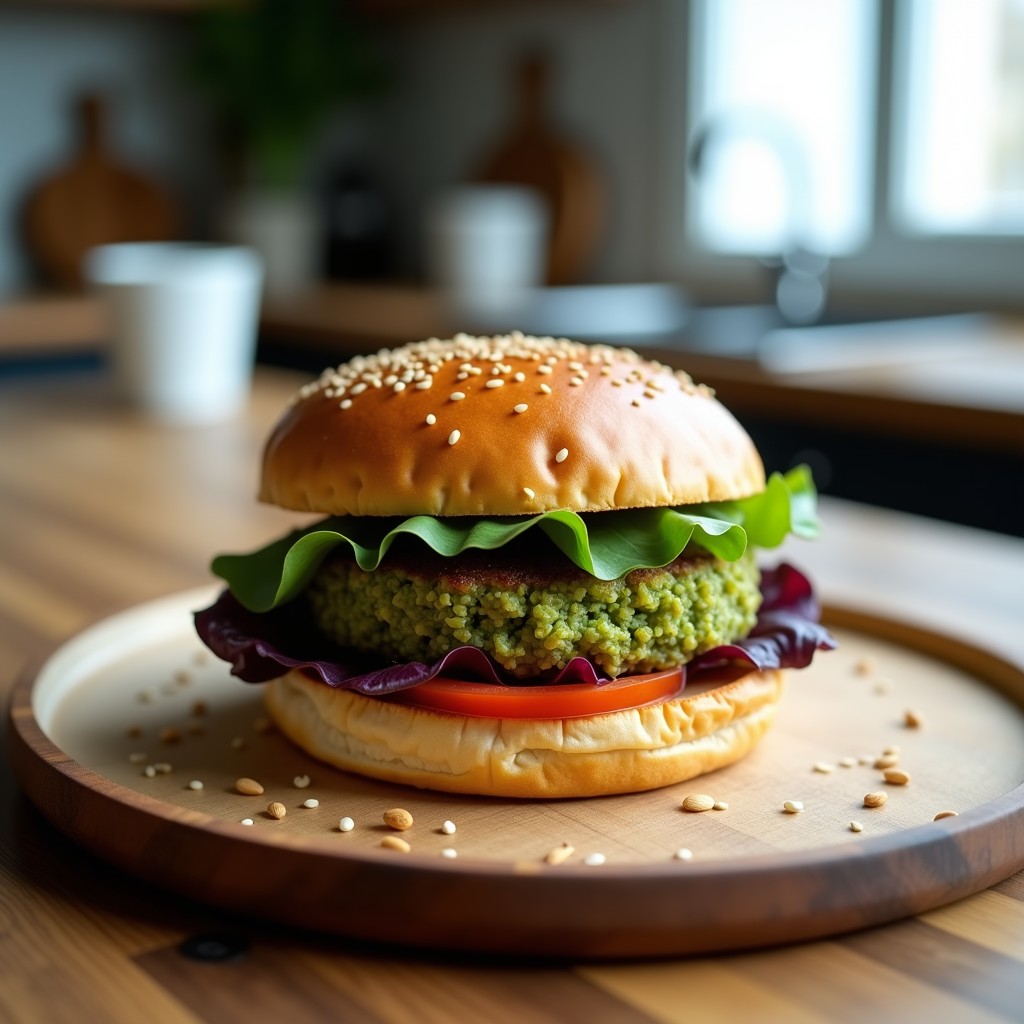 Hamburguesa vegana y keto con base de espirulina y quinoa, servida en pan de almendra dorado, decorada con semillas de sésamo y acompañada de hojas de lechuga fresca. Receta alta en proteína y sin gluten.