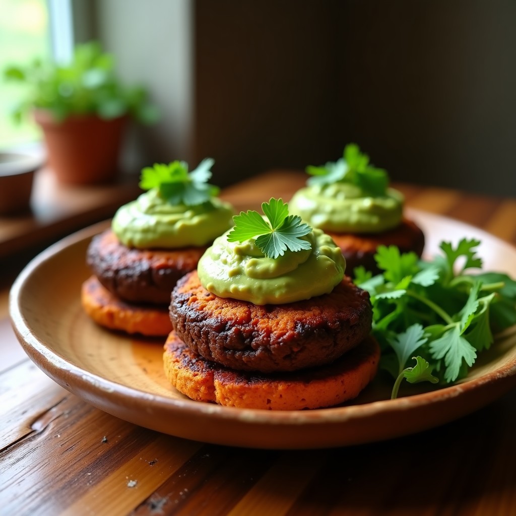 Hamburguesas veganas de frijoles negros y batata doradas en airfryer, servidas con guacamole cremoso y cilantro fresco, receta alta en fibra y proteína vegetal.