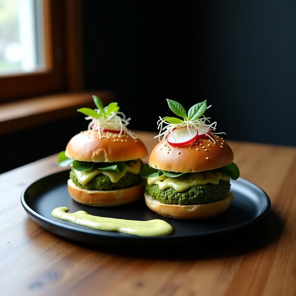 Hamburguesas crudiveganas de garbanzo y espirulina con toque umami, servidas en plato negro con salsa de tahini y wasabi, decoradas con brotes de rábano y hojas de shiso.