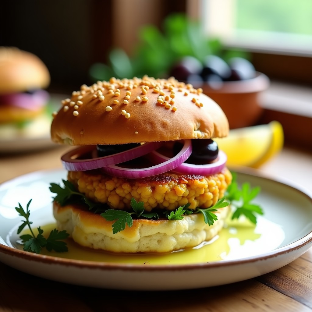 Hamburguesas de garbanzos y aceitunas kalamata con pan de coliflor dorado, apiladas y servidas en un plato rústico con cebolla morada en juliana y aceite de oliva, receta griega keto en airfryer.