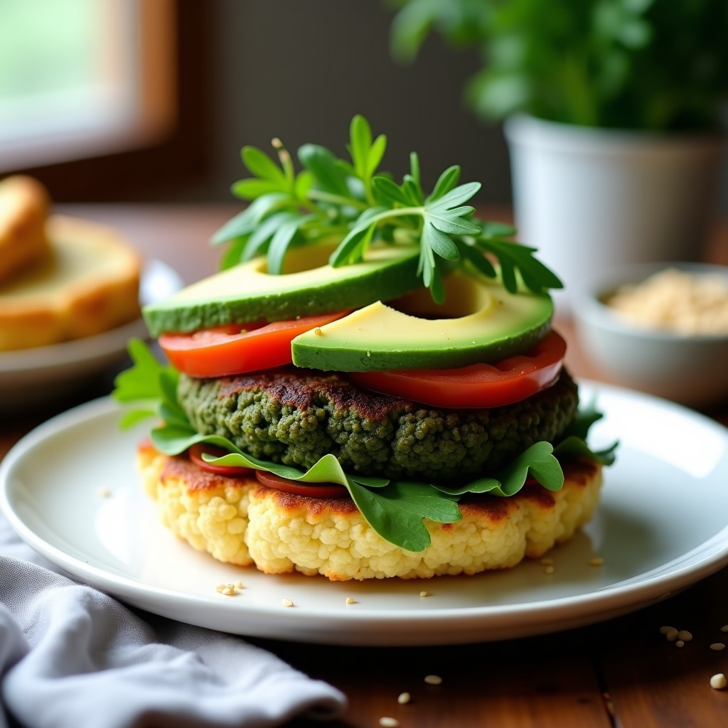 Hamburguesa vegana de garbanzos y espirulina con pan de coliflor dorado, decorada con semillas de sésamo y perejil fresco, servida en plato blanco sobre fondo rústico de madera.