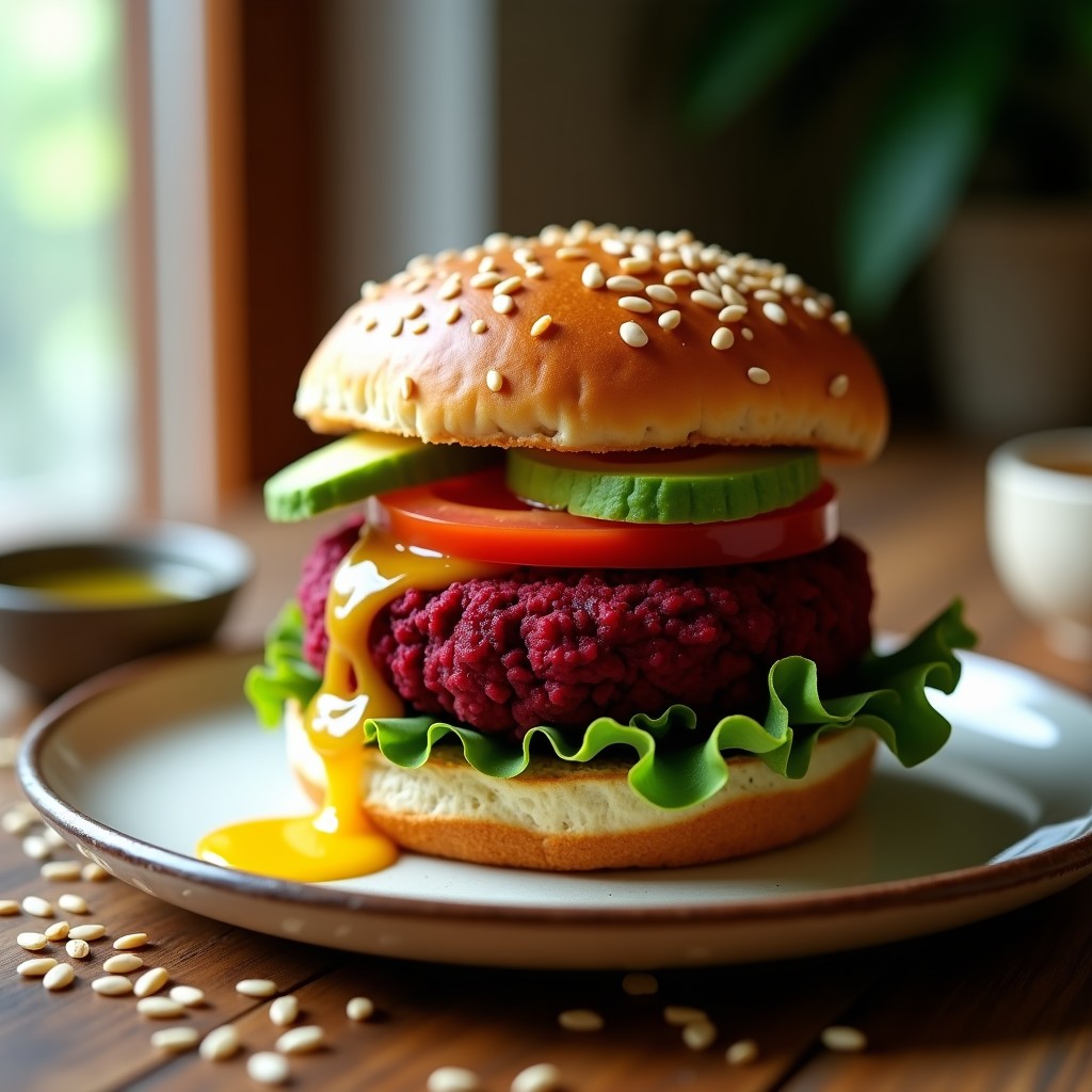 Hamburguesa vegana de garbanzos y remolacha con pan de almendra, acompañada de lechuga morada, aguacate y salsa de tahini, servida en plato blanco sobre fondo rústico de madera.