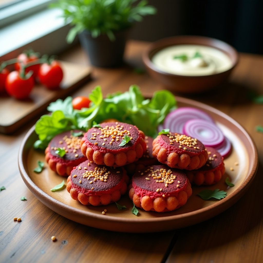 Hamburguesas veganas de garbanzos y remolacha en Thermomix, doradas y crujientes por fuera, servidas en un plato rústico con acompañamiento de ensalada fresca y salsa cremosa.