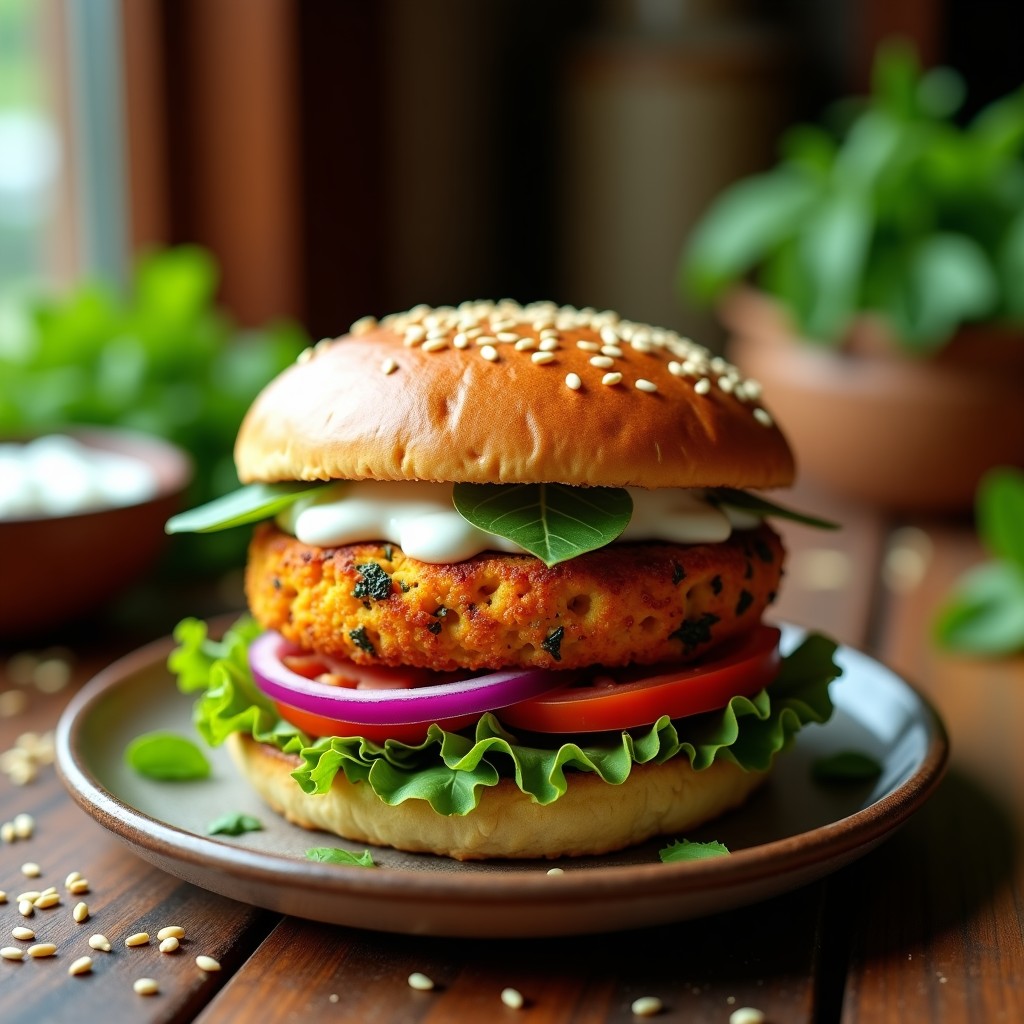 Hamburguesa vegana en Airfryer con garbanzos y zanahoria, pan de semillas de sésamo tostado, lechuga fresca, rodaja de tomate y salsa de yogur vegano, servida en plato rústico de madera.
