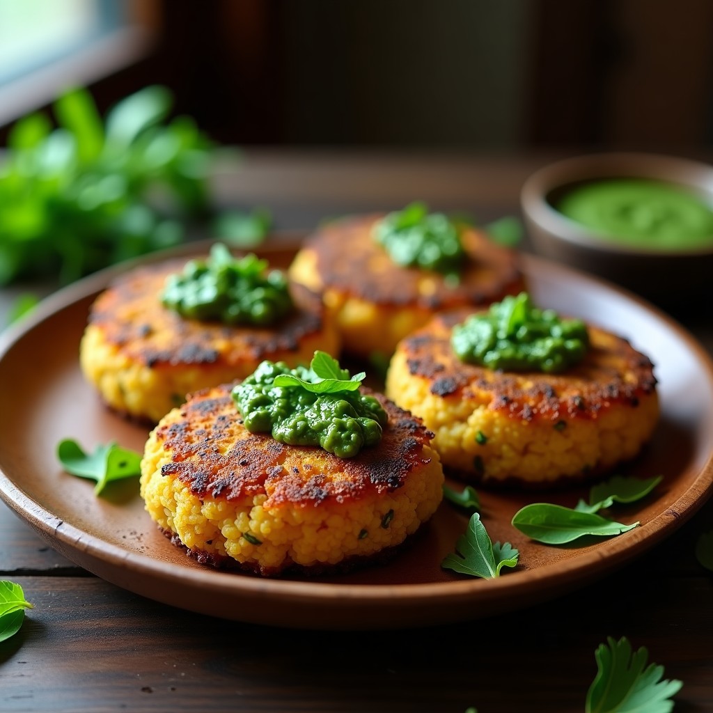 Hamburguesas veganas de hongo portobello y quinoa doradas y crujientes sobre papel de horno, con salsa de chimichurri verde brillante por encima, servidas en plato de madera rústico con fondo desenfocado.