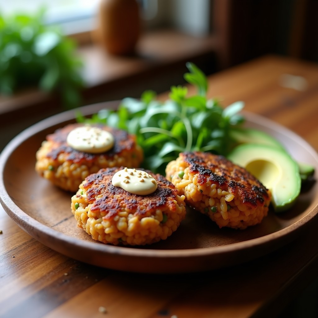 Hamburguesas doradas y crujientes de Hongos Portobello y Arroz Salvaje servidas en plato blanco, acompañadas de aguacate y hojas de lechuga fresca. Receta vegana en Airfryer sin harina.