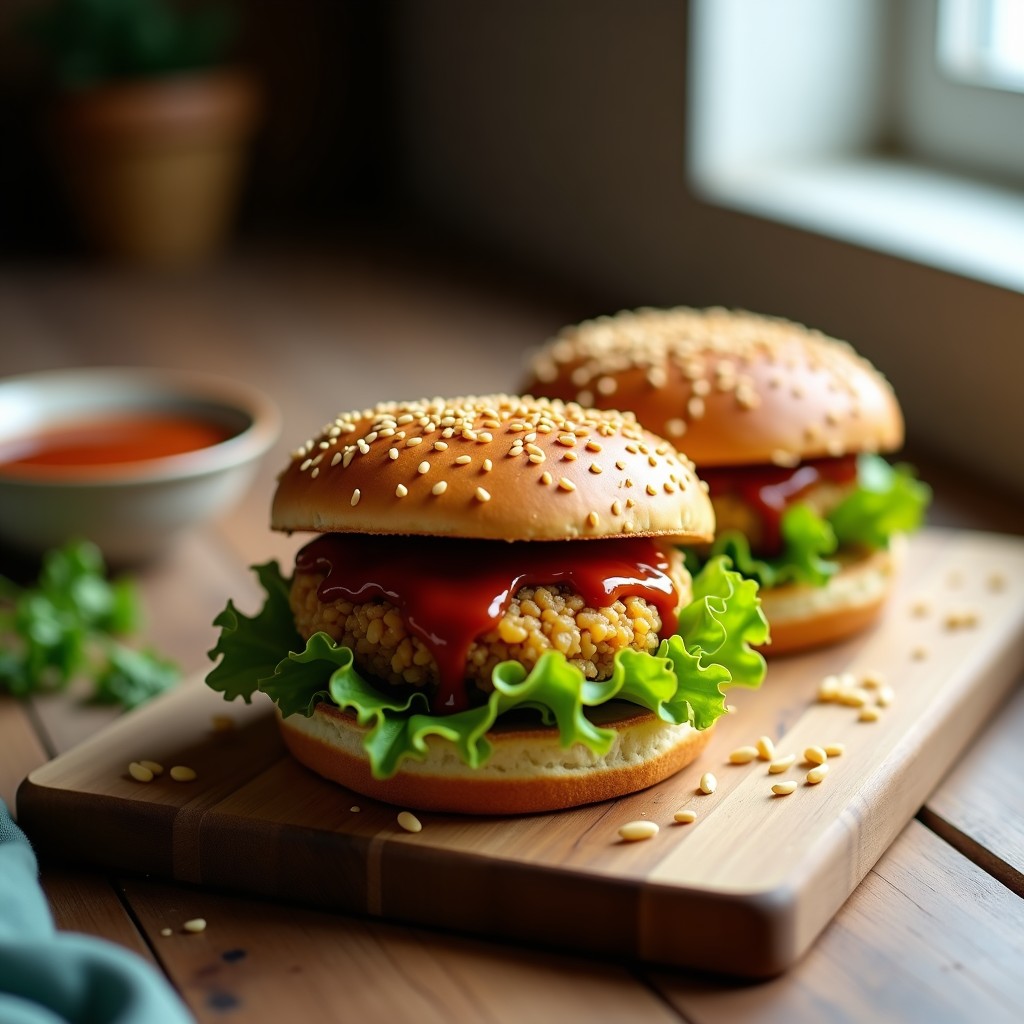 Hamburguesas doradas y crujientes de jackfruit y arroz salvaje servidas en plato de madera con salsa BBQ casera brillante, acompañadas de ensalada verde y rodajas de aguacate. Receta vegana en airfryer.