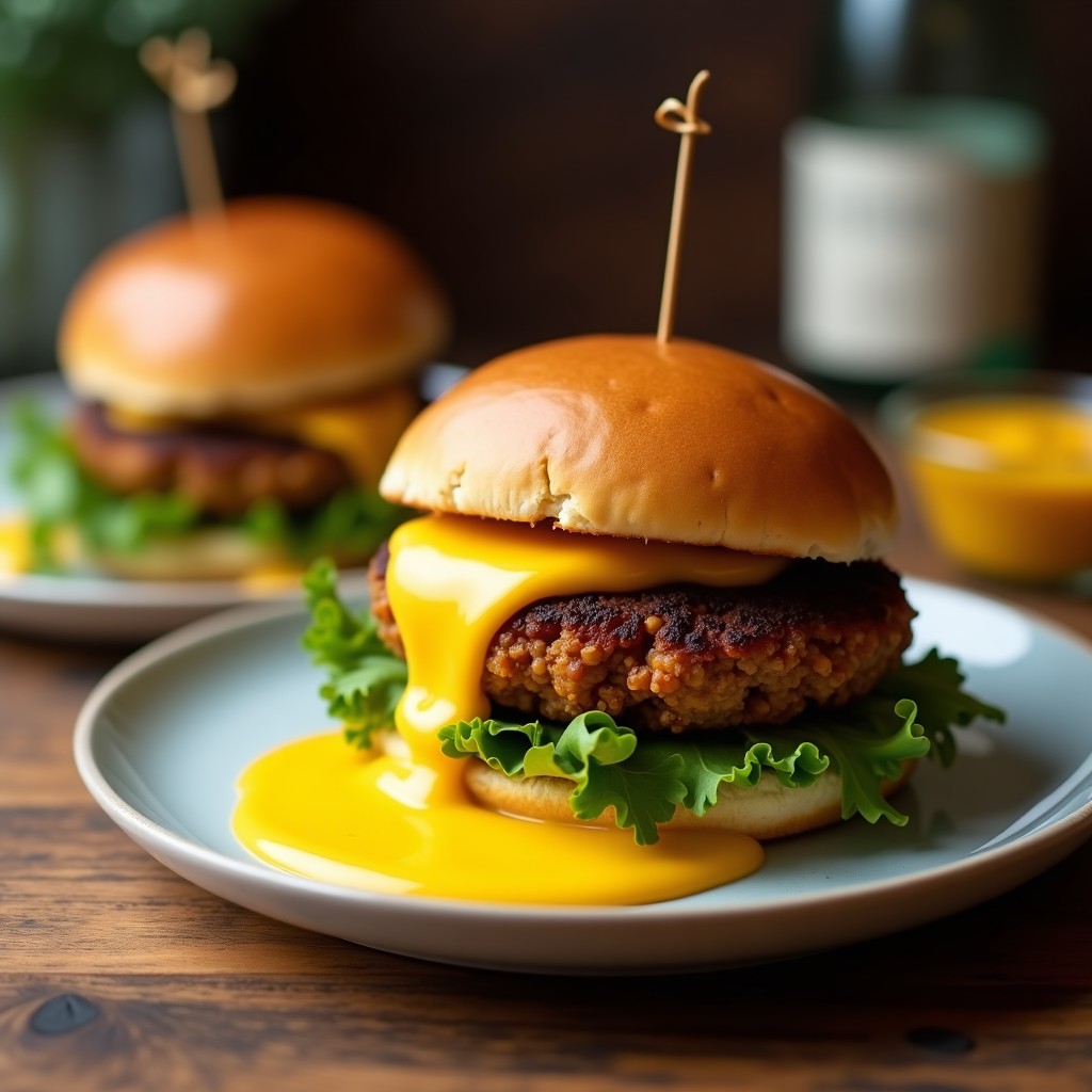 Hamburguesas veganas de jackfruit y black beans doradas sobre pan integral, bañadas en salsa de mango habanero brillante, acompañadas de cilantro fresco y rodajas de aguacate en un plato rústico de madera.