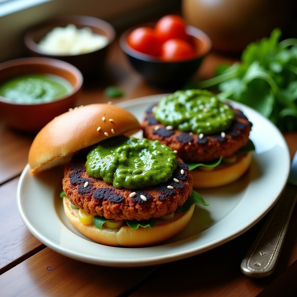 Hamburguesas veganas argentinas de jackfruit doradas en airfryer con toque ahumado, servidas sobre pan integral tostado y bañadas en chimichurri fresco verde. Plato rústico con fondo de madera y hierbas frescas.