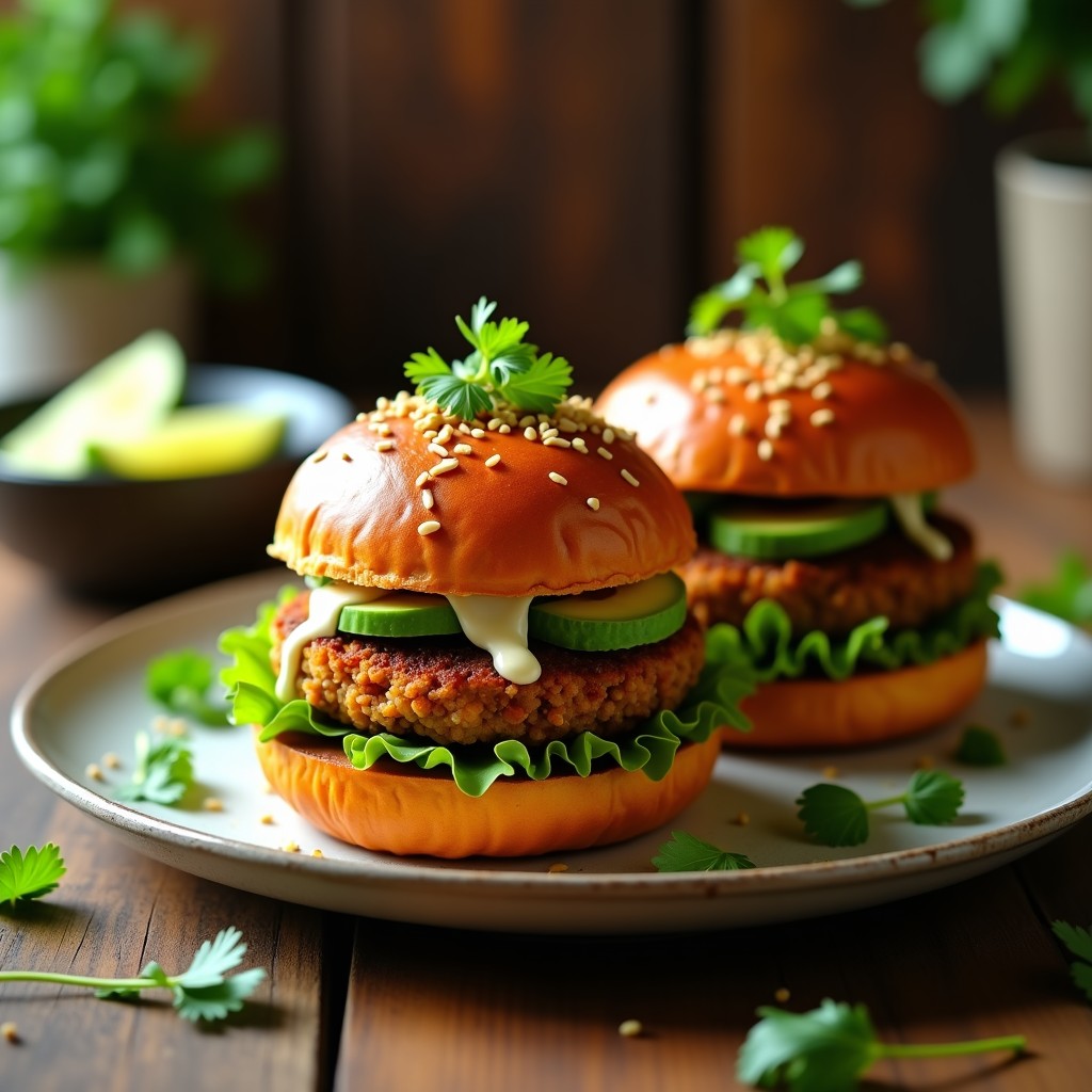 Hamburguesas veganas de jackfruit y quinoa con pan de batata, doradas y crujientes, servidas en rodajas gruesas de batata asada. Acompañadas de hojas de lechuga y aguacate, receta alta en proteína para airfryer.