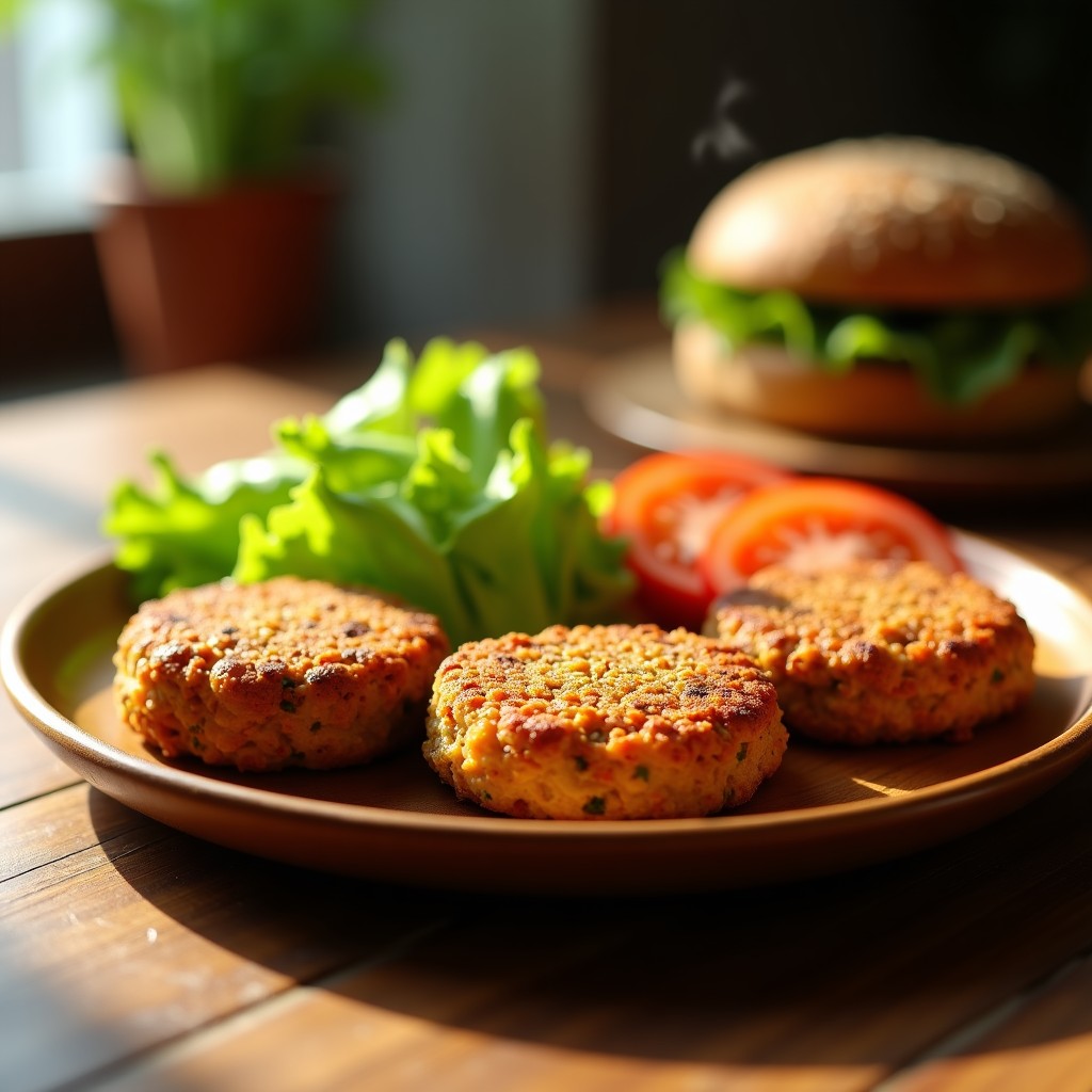 Hamburguesas de lentejas doradas y crujientes servidas en un plato de madera con pan integral, lechuga fresca y rodajas de tomate, receta en airfryer sin huevo.