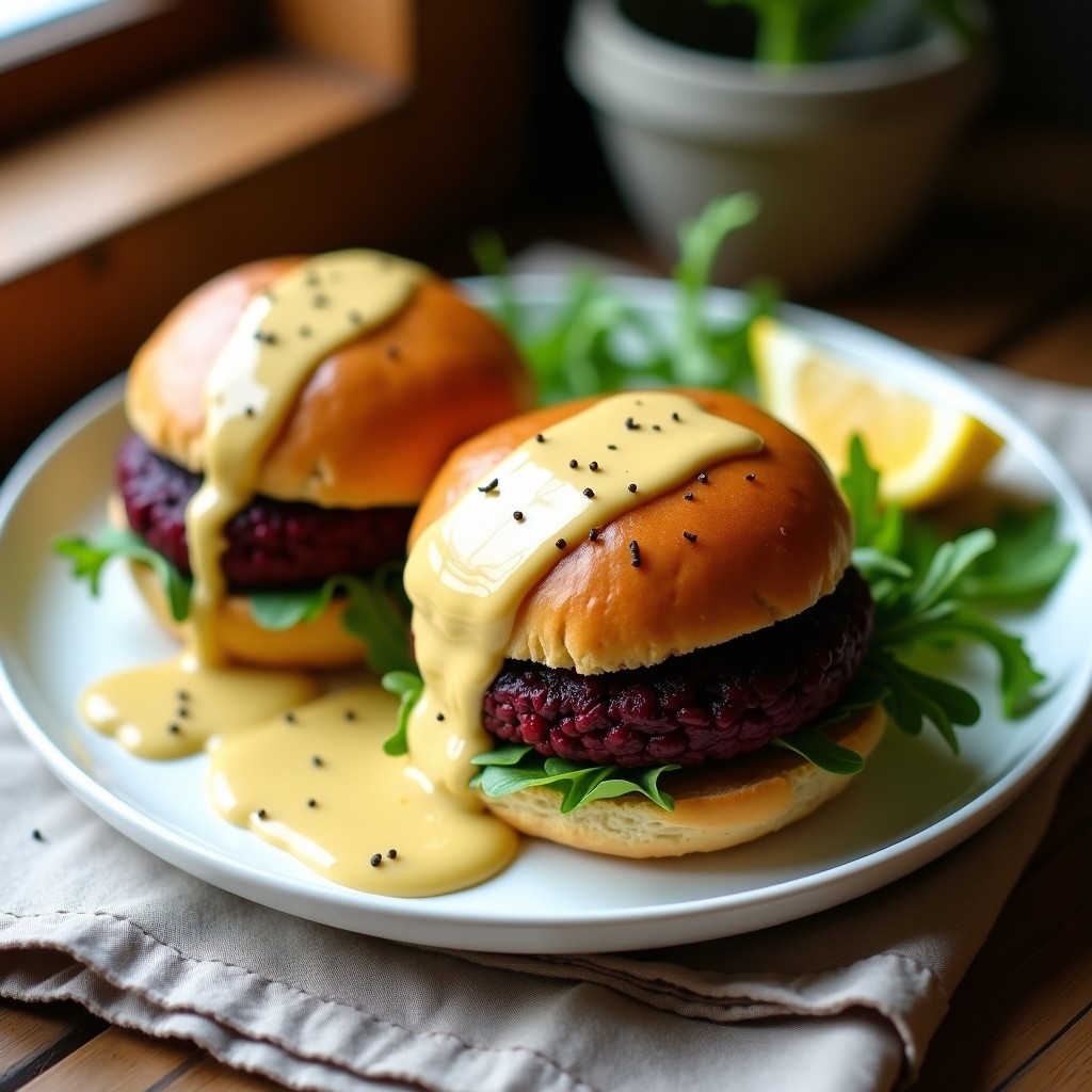 Hamburguesas doradas y crujientes de lentejas beluga y remolacha servidas en plato blanco con salsa cremosa de yogur de soja, acompañadas de hojas de rúcula y rodajas de limón, receta vegana en airfryer.