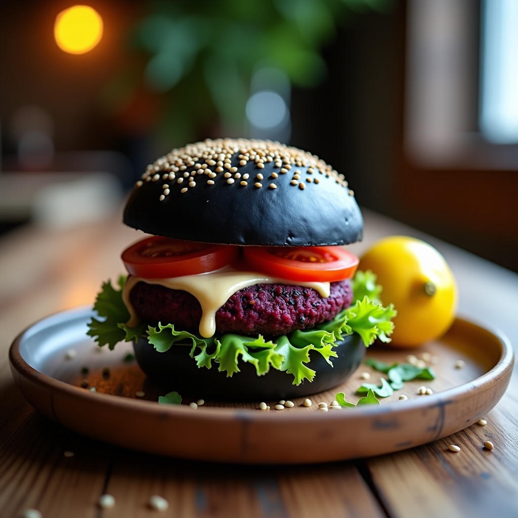 Hamburguesa vegana en pan de semillas de amapola, rellena de lentejas beluga y remolacha, con lechuga morada y tomate, servida en plato rústico de madera con salsa de tahini. Receta crujiente en Airfryer.