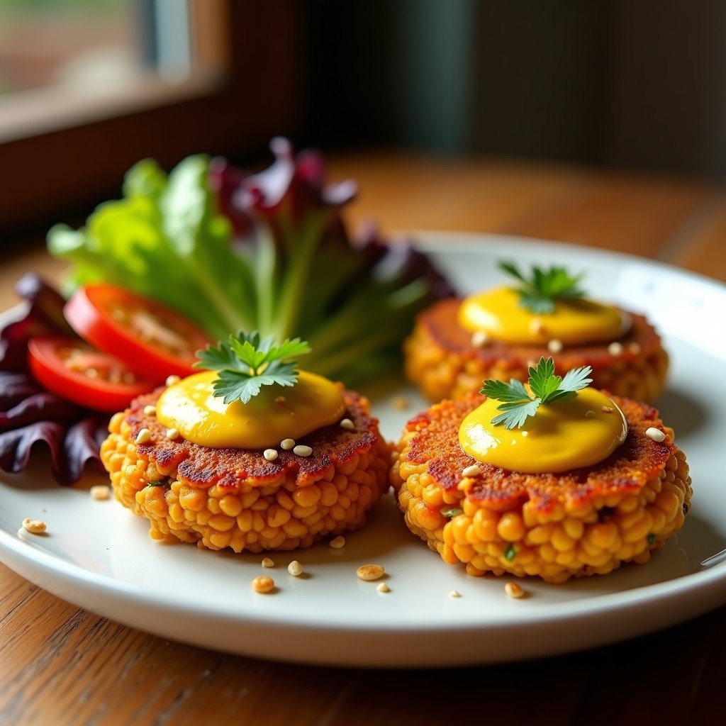 Hamburguesas doradas y crujientes de lentejas y chuño servidas en un plato rústico, acompañadas de salsa de ají amarillo cremosa y decoradas con hojas de cilantro fresco. Receta boliviana vegana en airfryer.